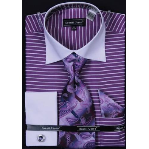 Avanti Uomo Purple Horizontal Stripe Two Tone Shirt / Tie / Hanky Set With Free Cufflinks DN55M